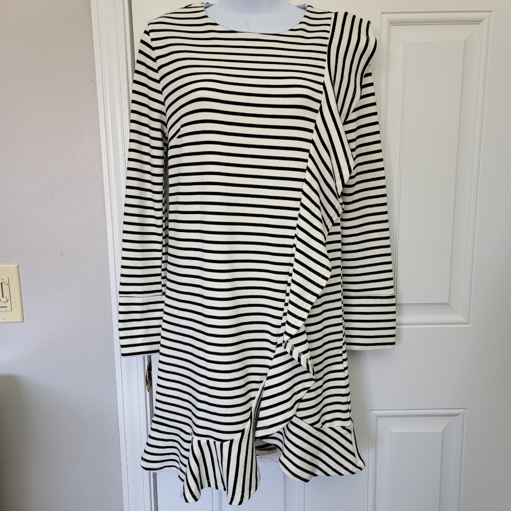 NWT English Factory Black White Striped Long Sleeve Knit Mini Dress Ruffle Small